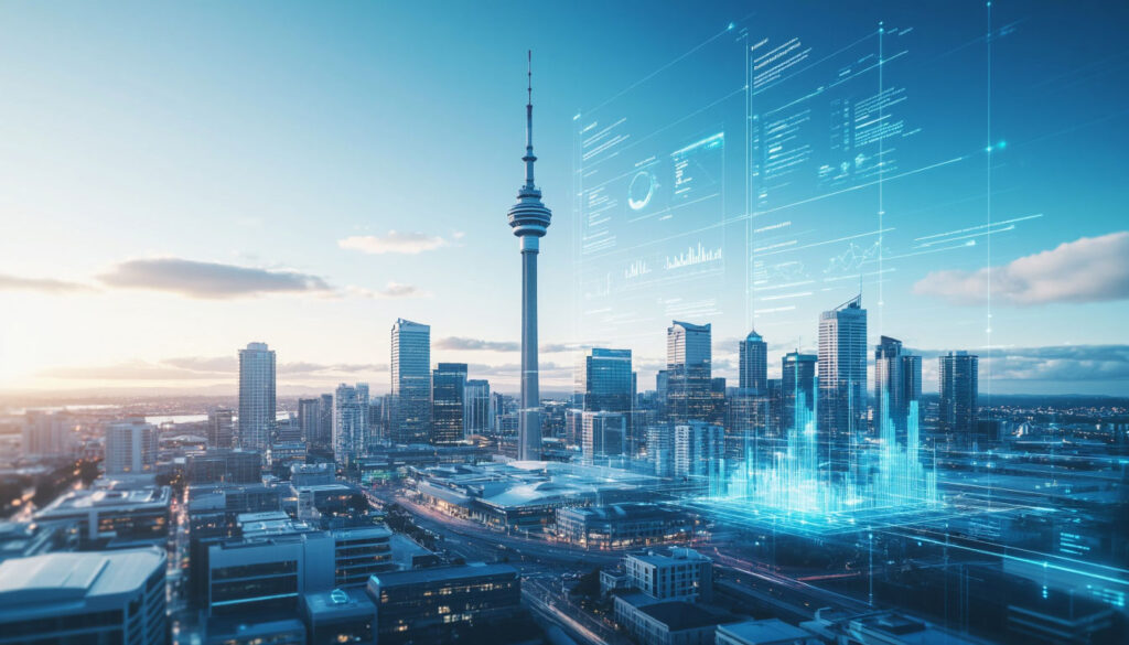 Auckland city skyline with digital marketing data overlays symbolizing SEO growth and analytics.